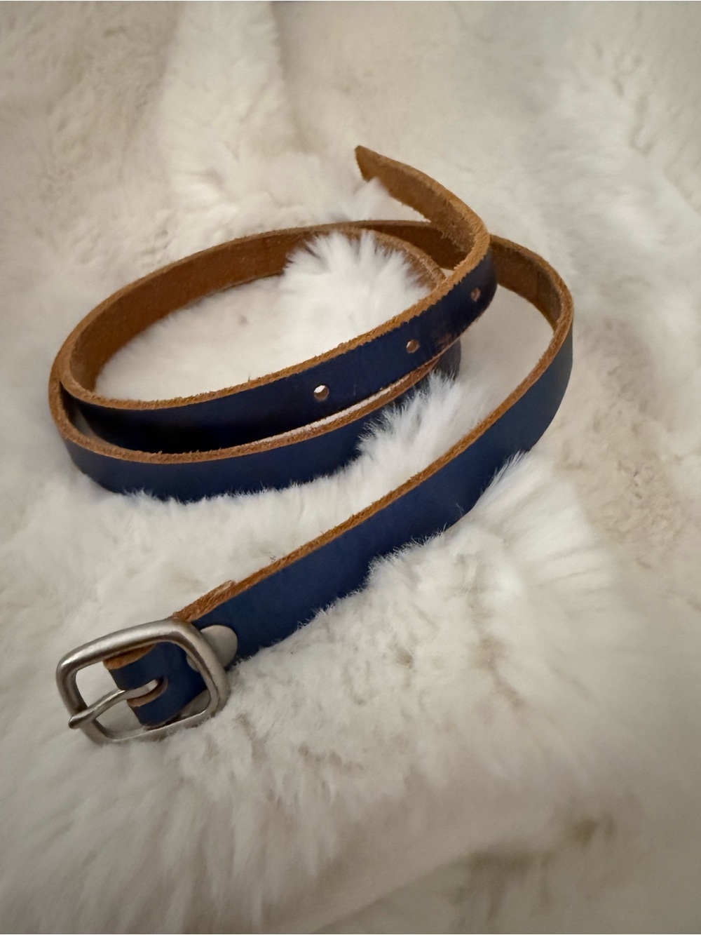GAP Navy Leather Belt with Brushed Silver Buckle